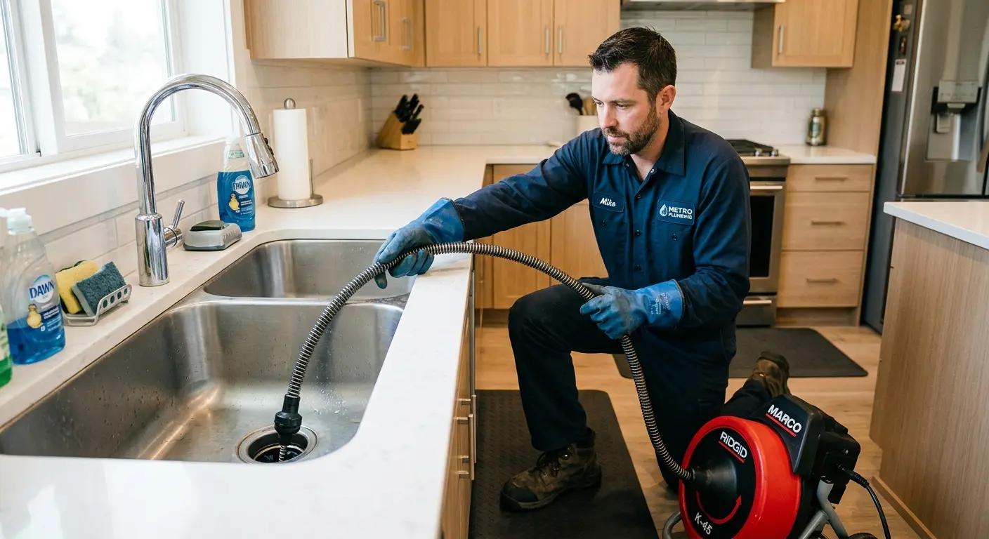 Drain cleaning technician using a motorized snake on a kitchen sink in East Peoria