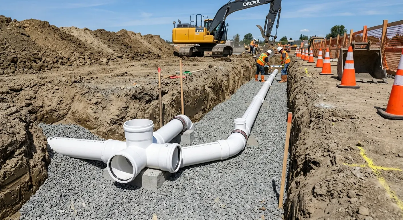 New PVC sewer pipe installation in open trench for Commercial Drain Cleaning in East Peoria